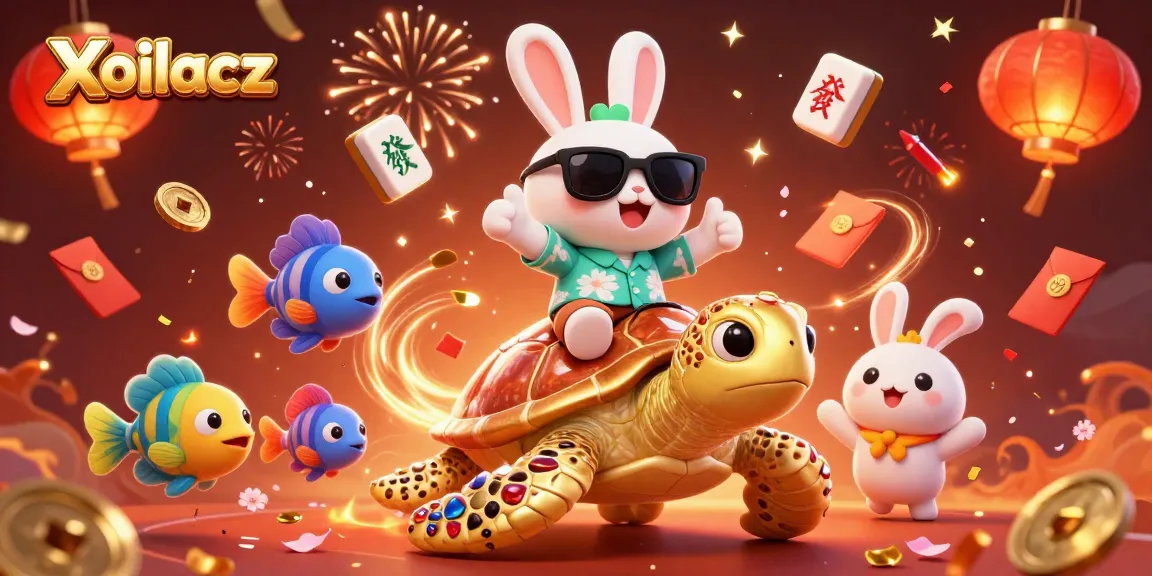 Xoilacz celebrates winning strategies in a vibrant 3D illustration with a lucky rabbit and sea turtle.