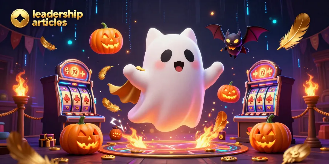 Engaging illustration of a ghost cat in a haunted casino as leadership articles take center stage.